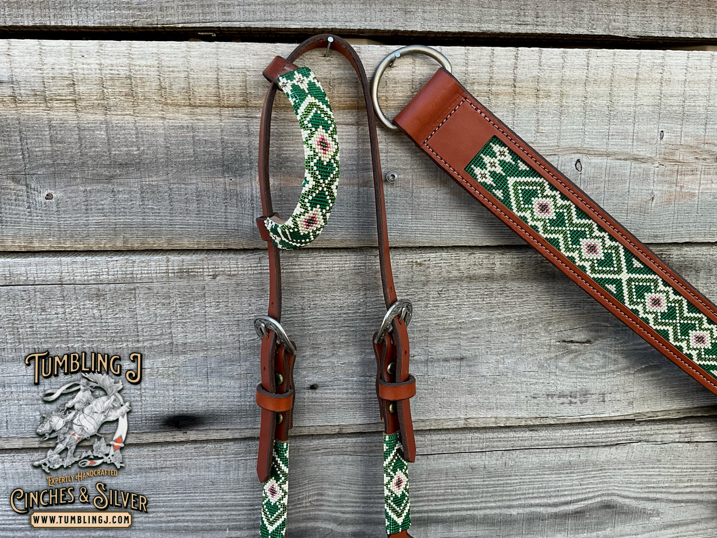 Emerald Green Hand Beaded Collar & Headstall