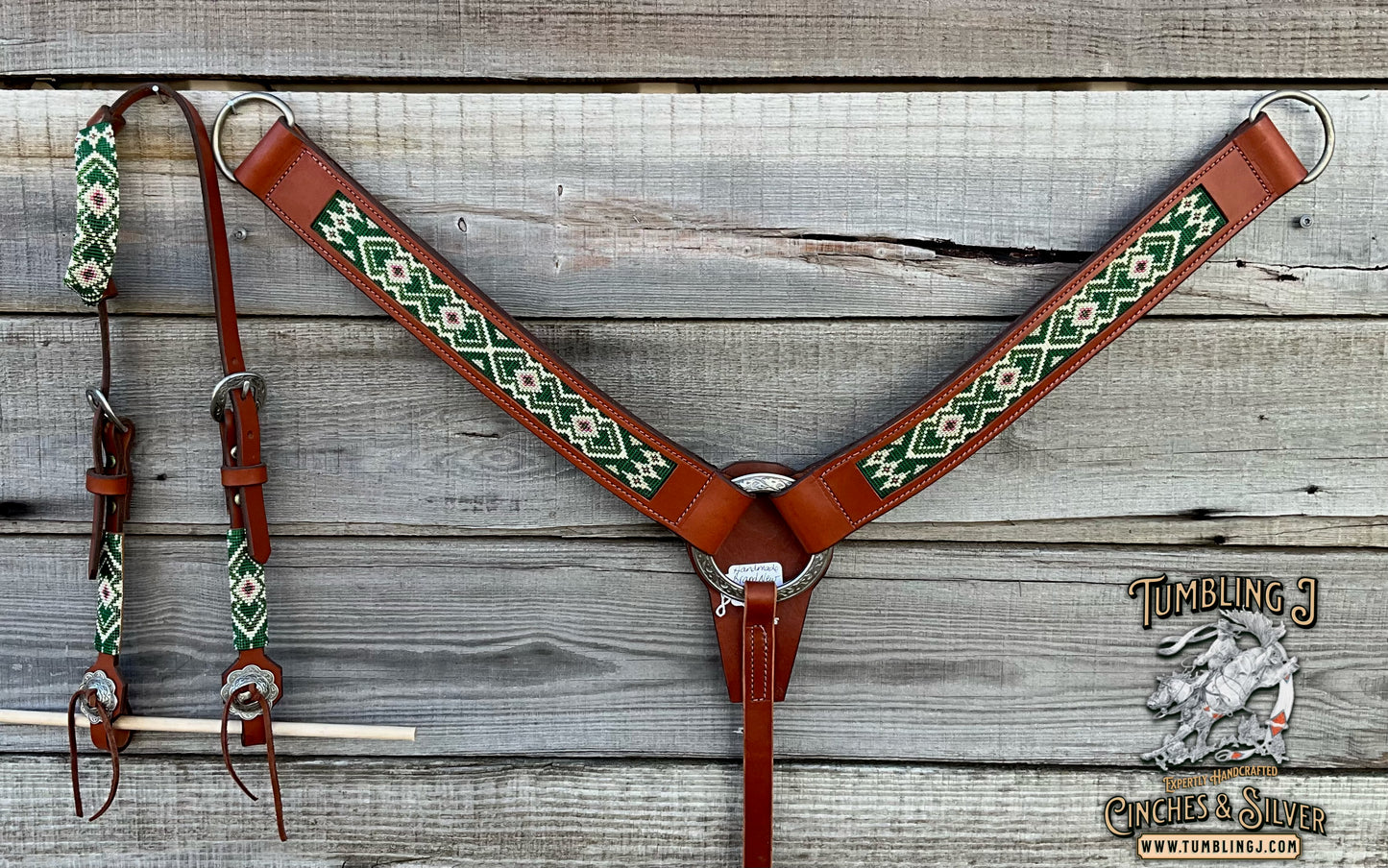 Emerald Green Hand Beaded Collar & Headstall